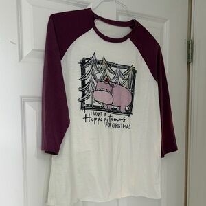 Size M - Hippo Christmas Raglan Shirt - White and Purple